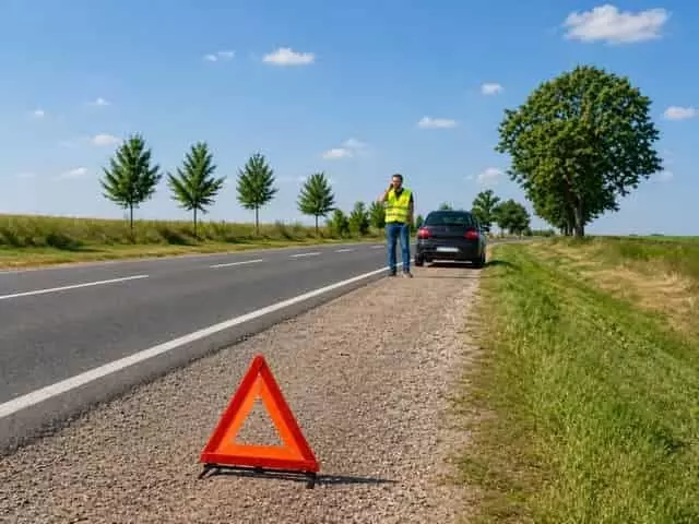 Defektjavítás szabályosan és biztonságosan – Hívjon minket a biztonsági zónából! Defekt esetén az út szélén telefonáló, láthatósági mellényt viselő autós elakadásjelző háromszöggel