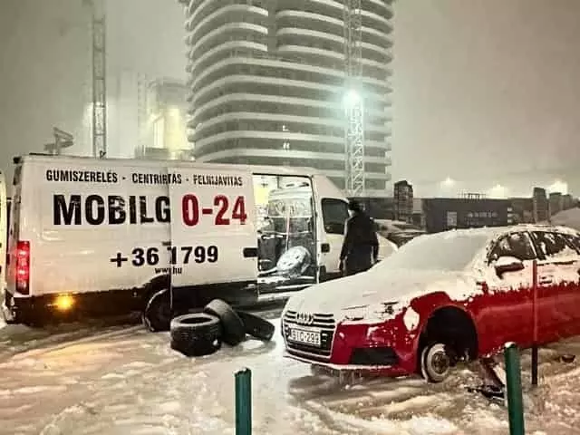 SOS mobil gumicsere és éjszakai gumiszerviz hirtelen jött havazáskor Budapesten
